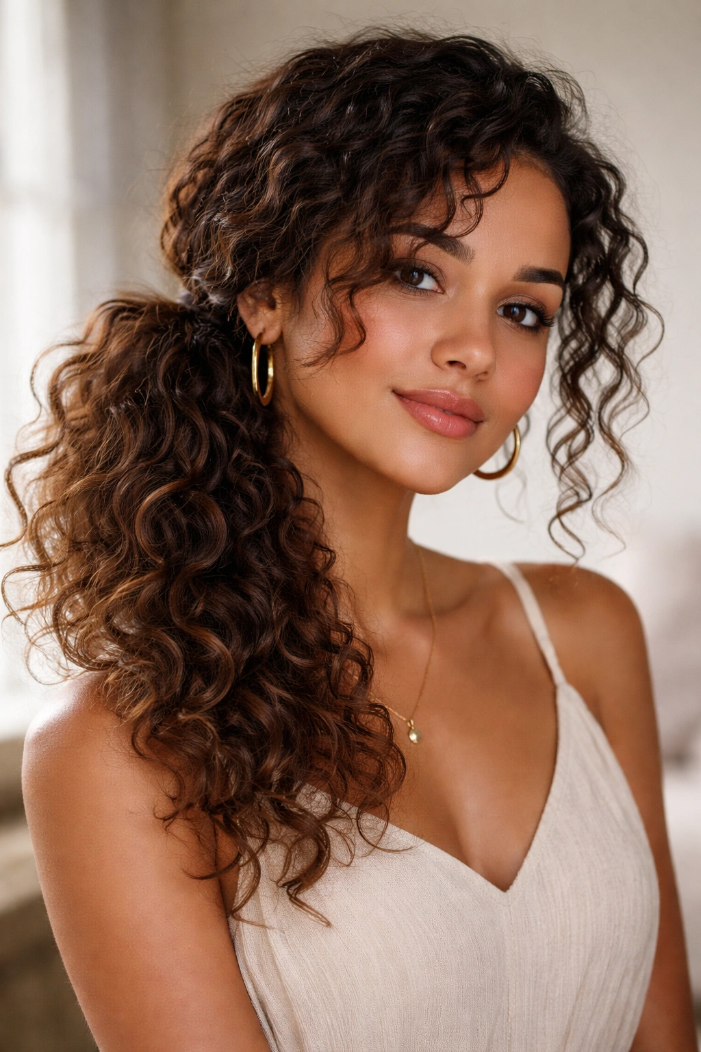 Curly hair in a loose, off-center side ponytail over one shoulder