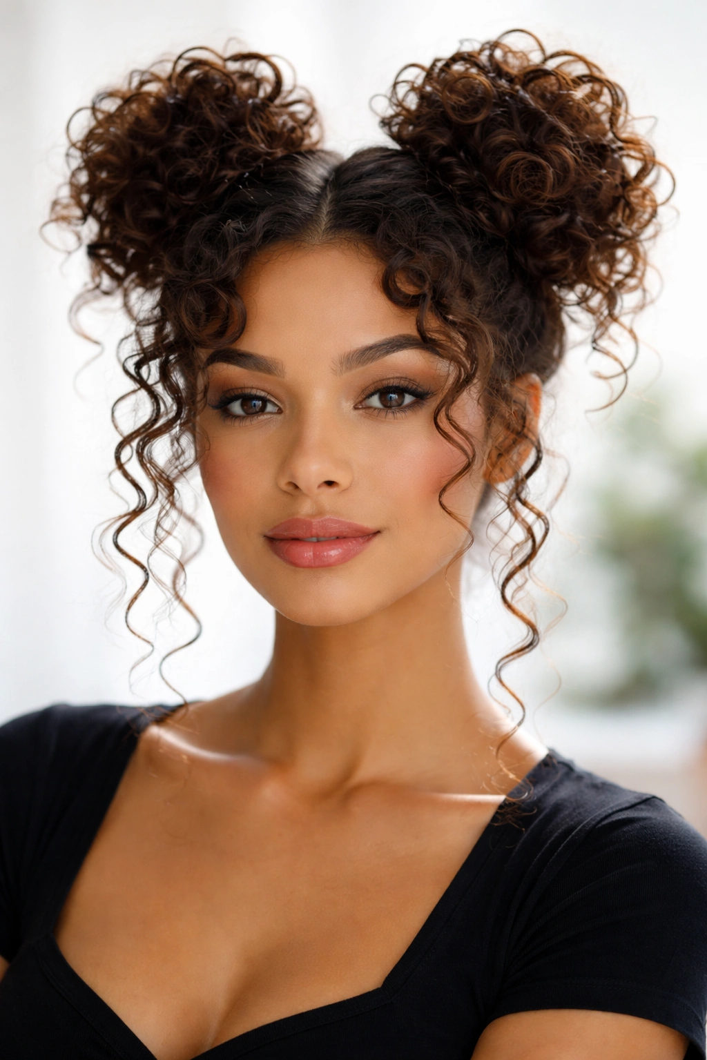 Two curly space buns with loose curls and tendrils