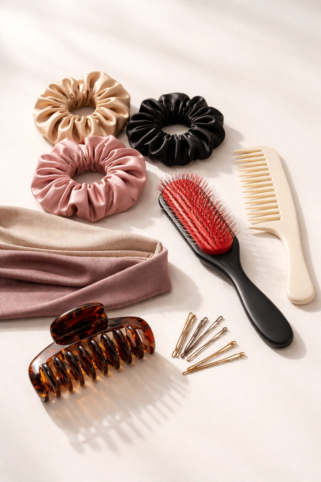 Still-life arrangement of satin scrunchies and hair tools for curling