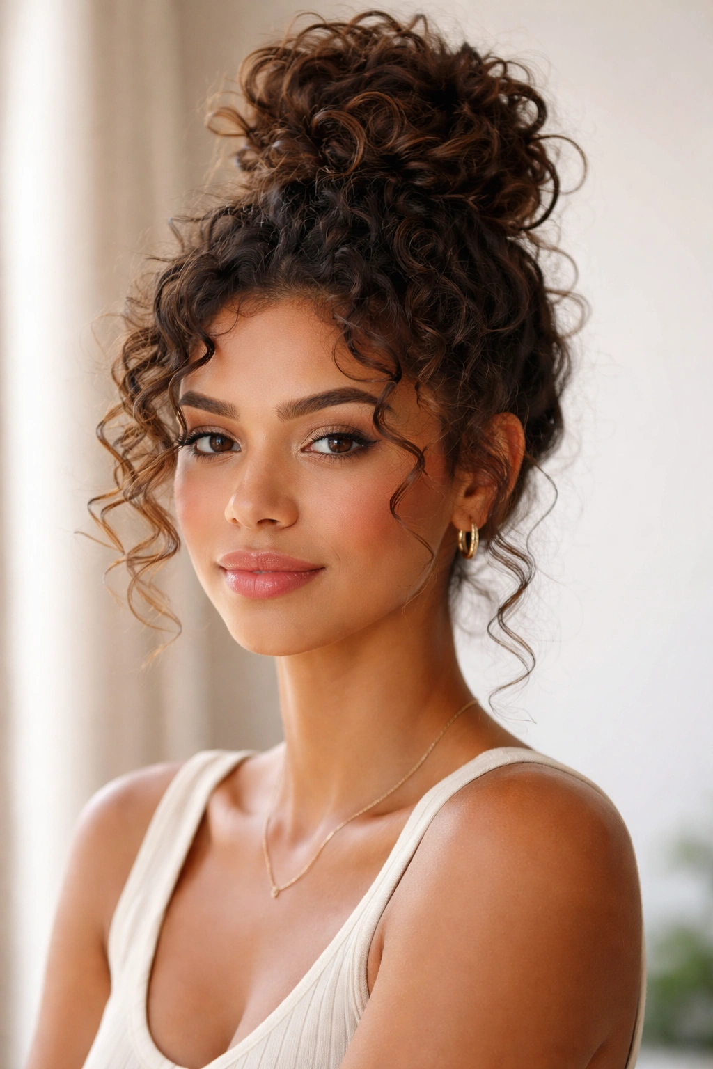 Curly top knot with loose framing curls