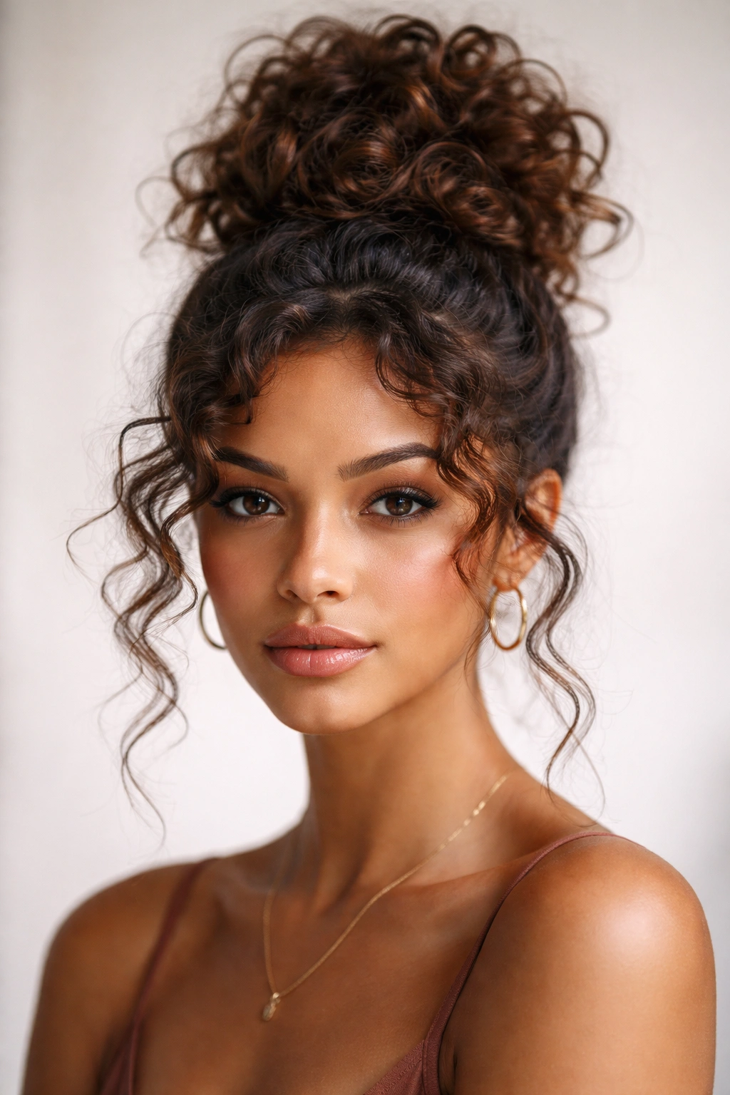 Portrait of a person with a curly top knot and face-framing curls.