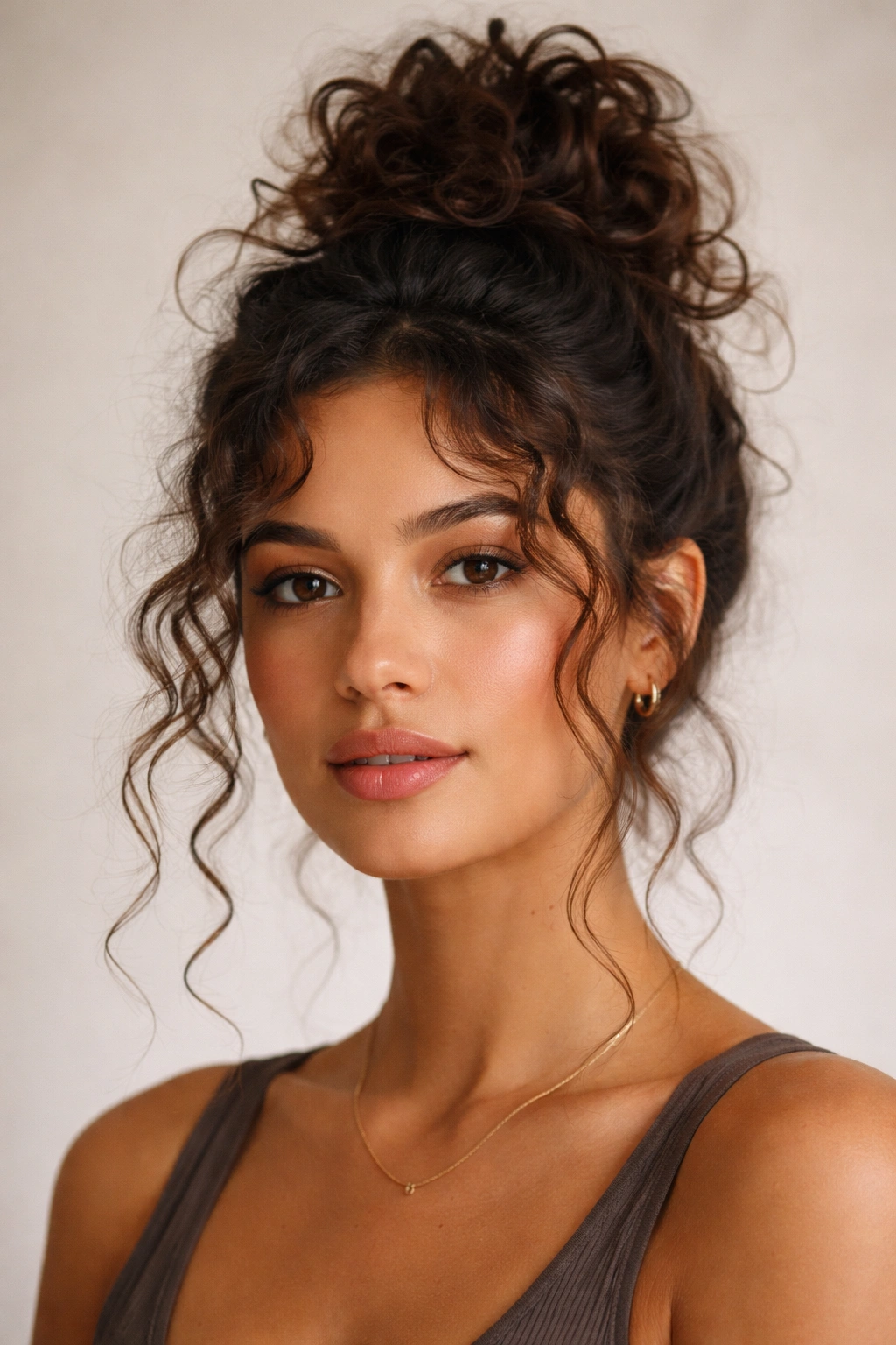 Close-up of a messy curly top knot with face-framing pieces on a model