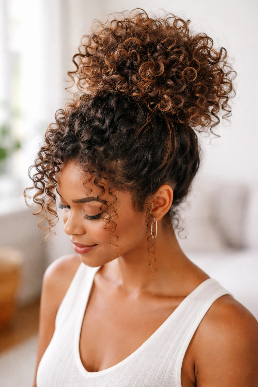 Full-shot of curly top knot and pineapple updo.