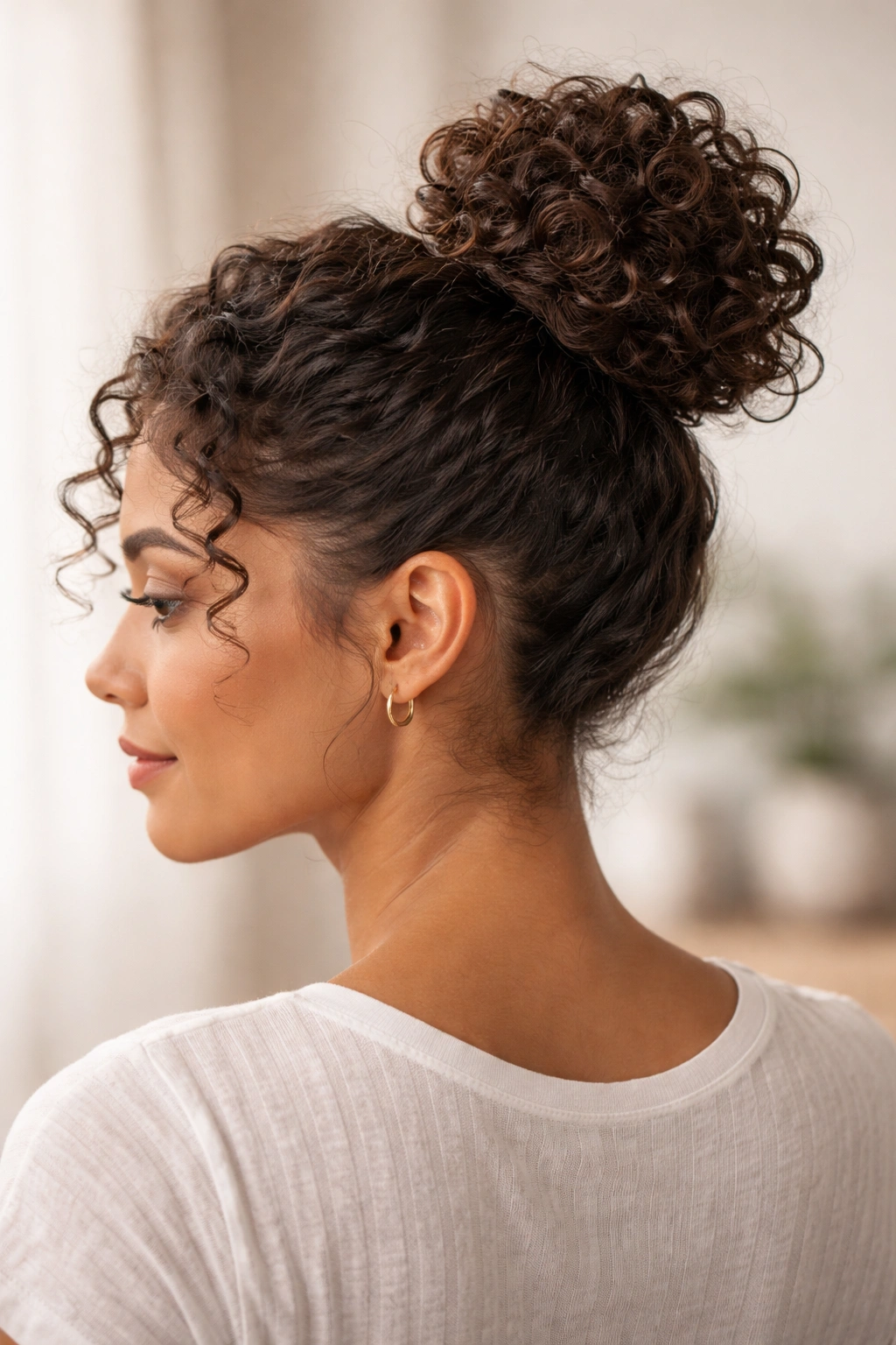 Curly top knot ponytail formed from a gathered ponytail on short curly hair