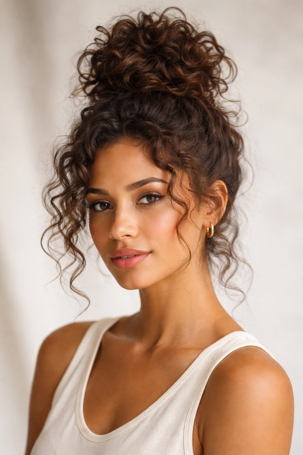Portrait of a person with a curly top knot and curling tendrils around the face
