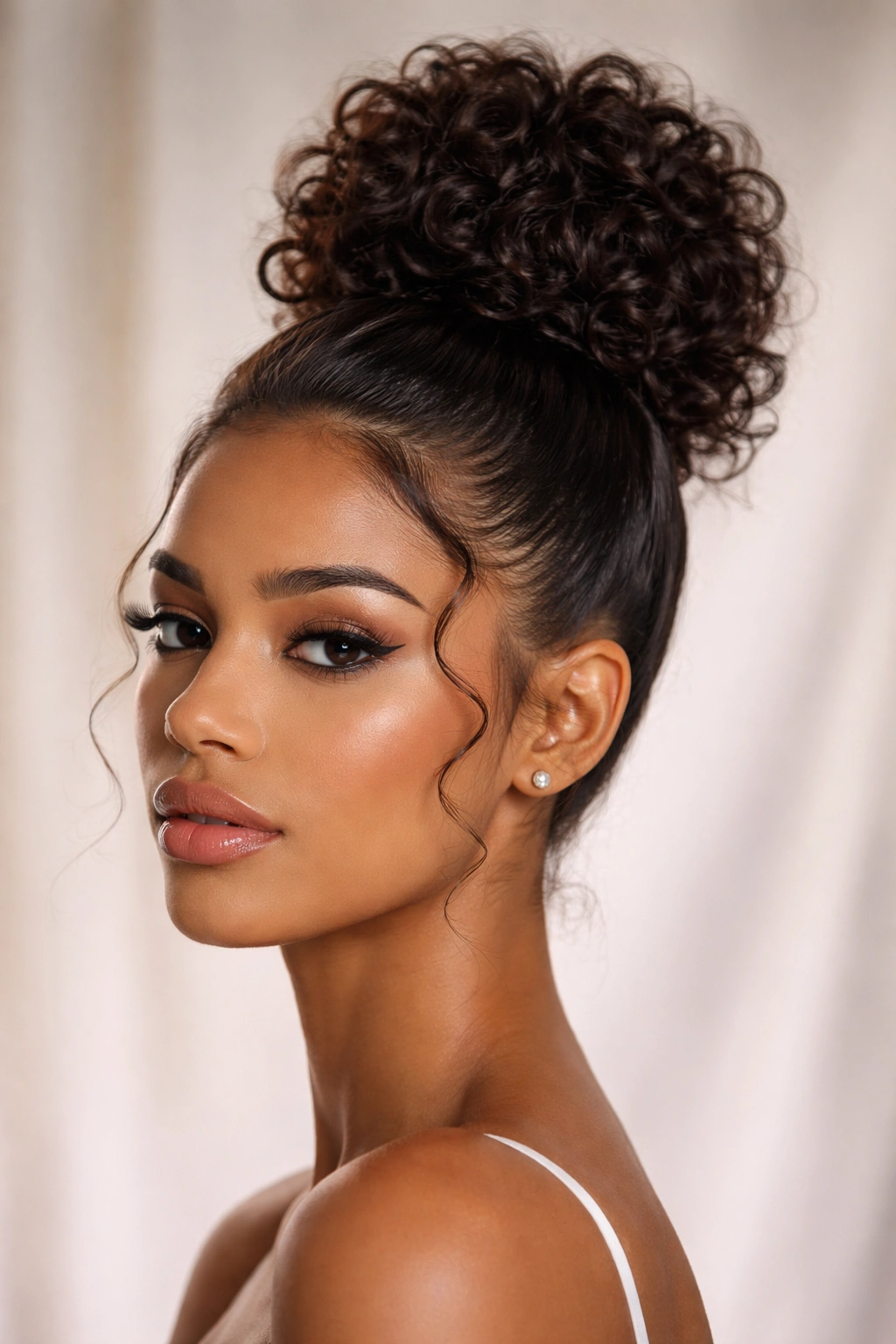 Close-up of a sleek curly high topknot with smooth base and textured crown