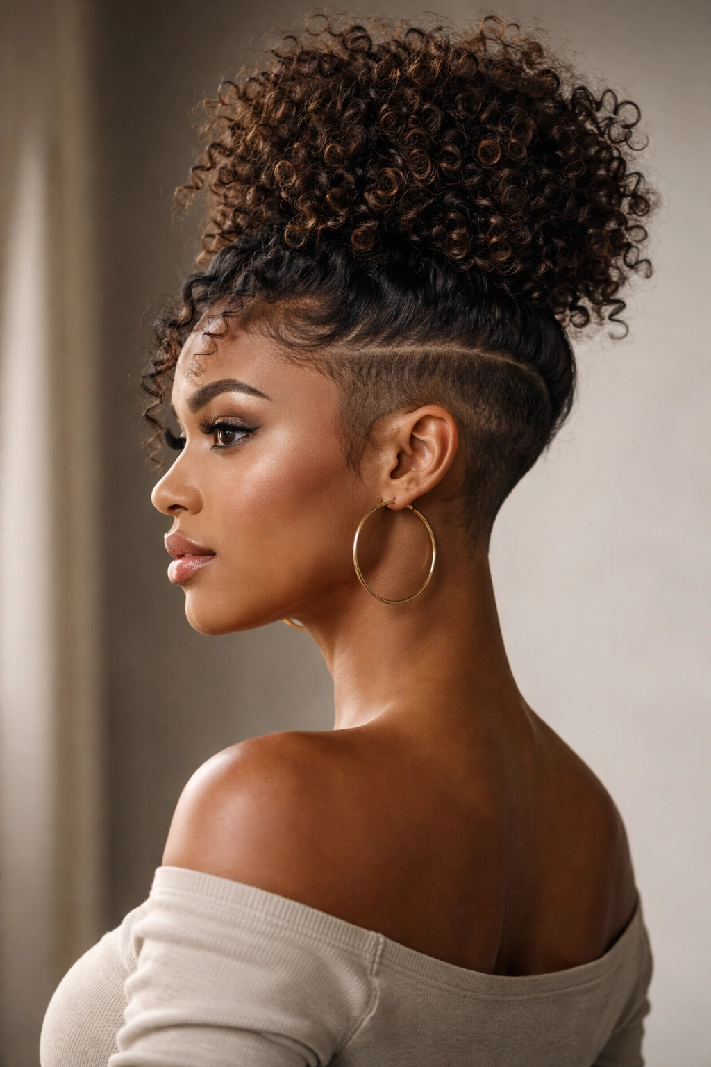 Curly topknot with undercut showing shaved sides and large knot