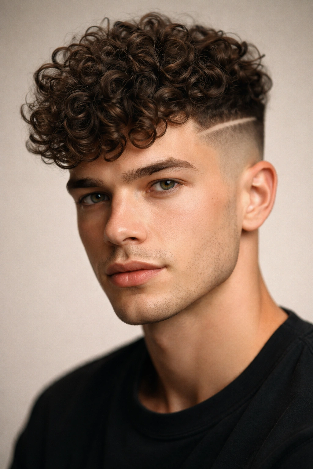 Close-up of curly undercut showing sharp shaved line and curly crown