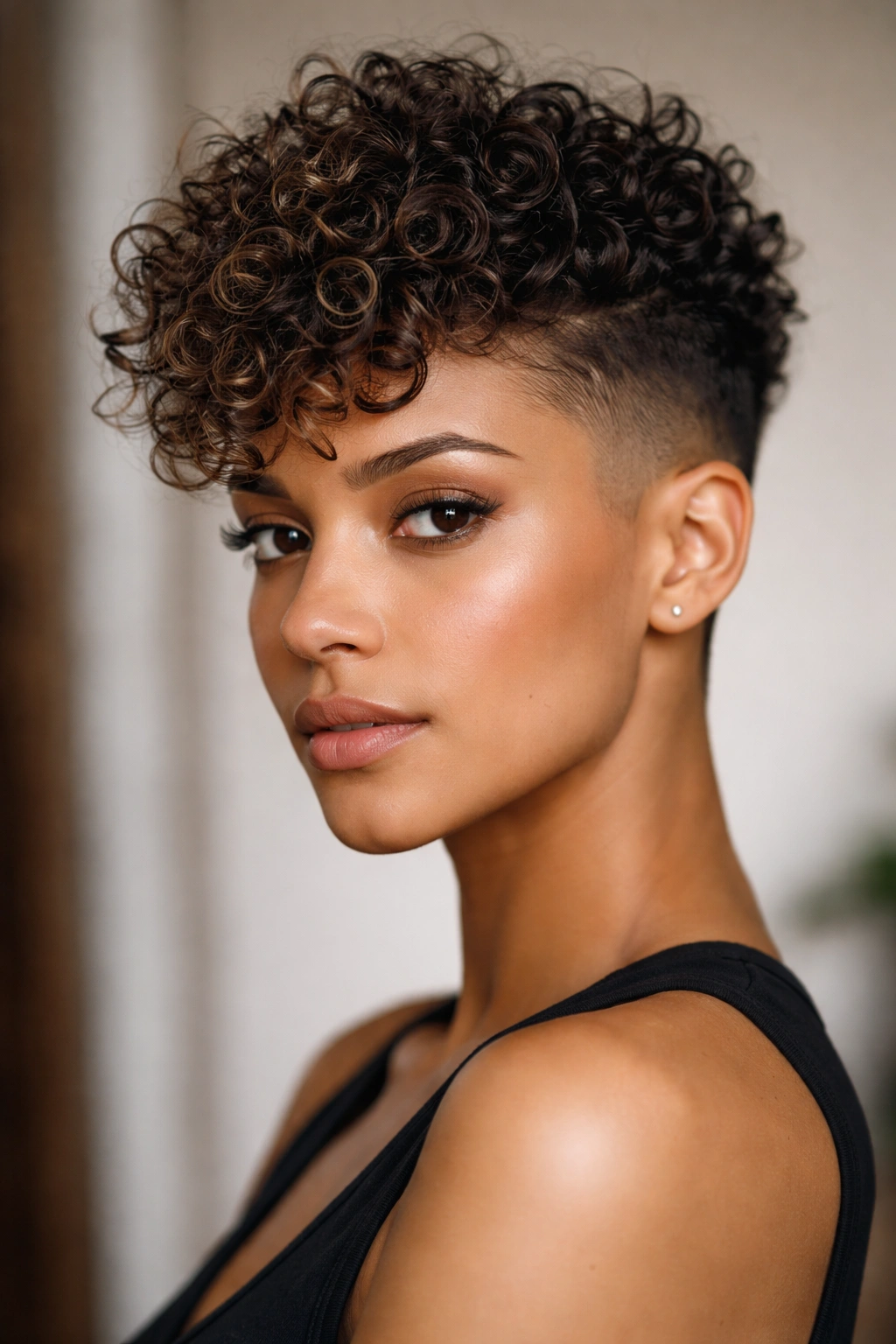 Frontal close-up of a curly undercut with shaved sides and textured crown curls
