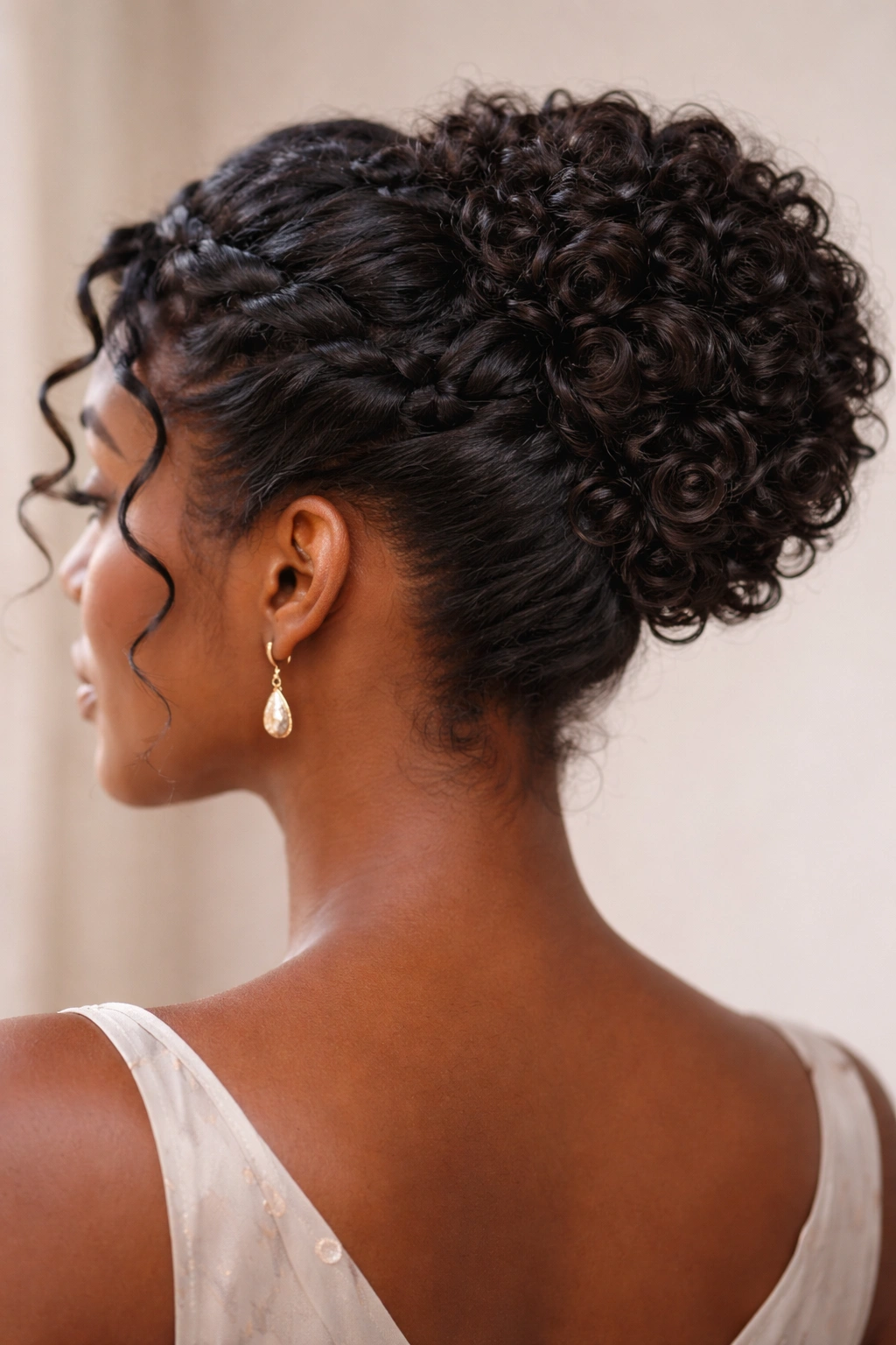 Close-up of a curly updo on a Black woman's head with defined coils and a twisted crown