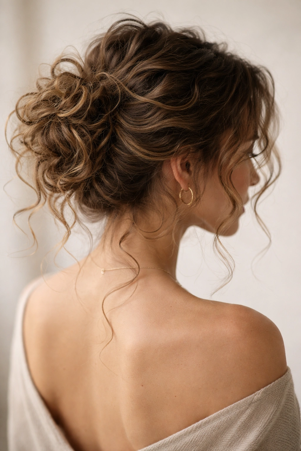 Portrait of a tousled curly updo with escaping curls
