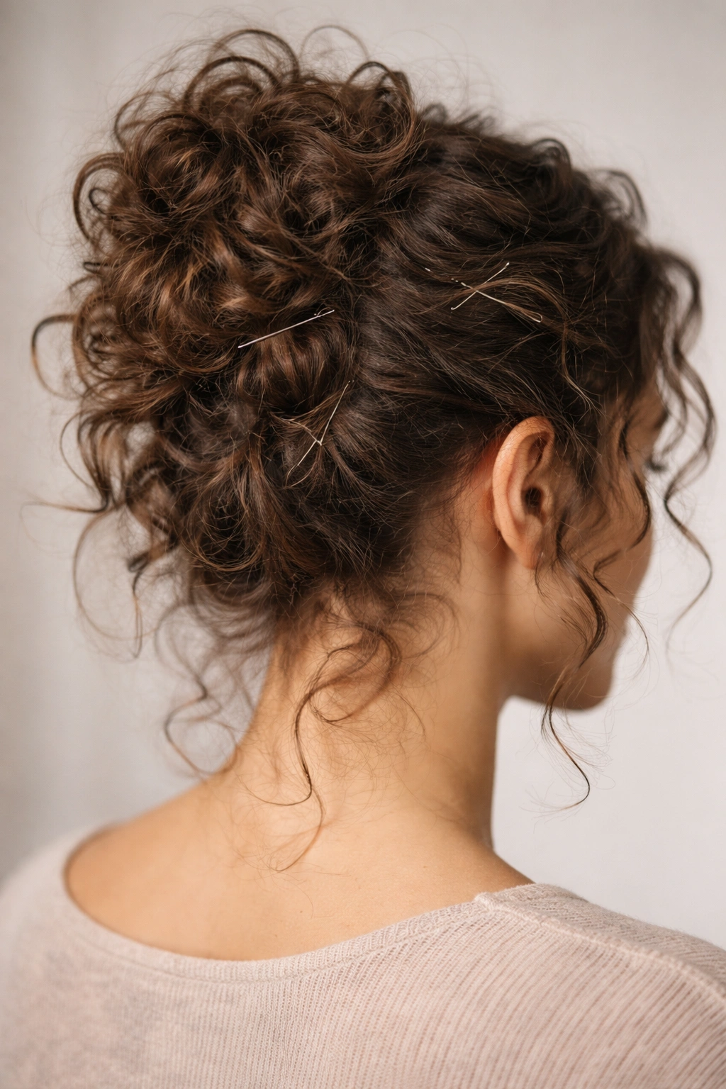 Close-up of a curly updo with frizz and misplaced pins illustrating mistakes
