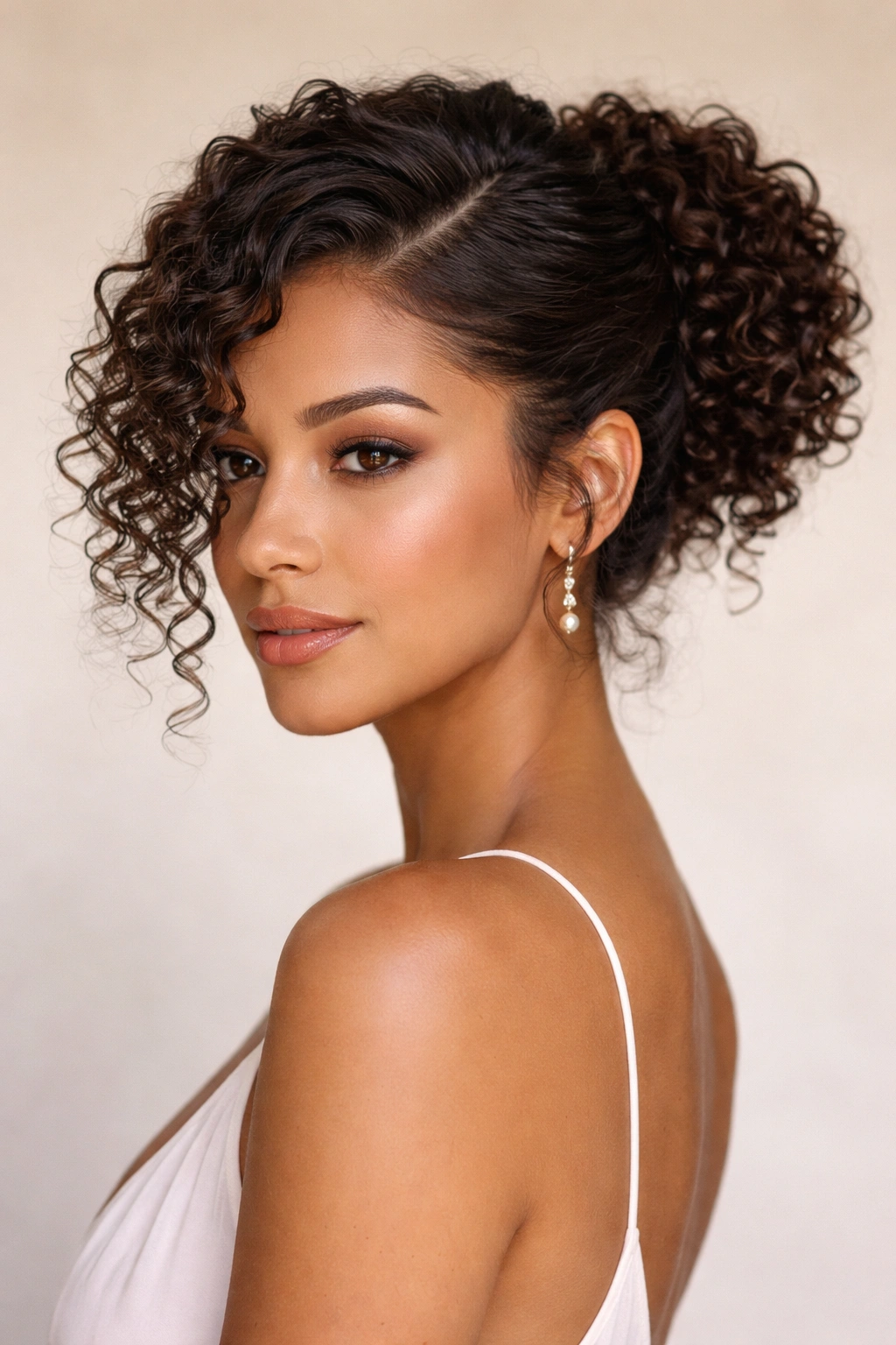 Elegant curly updo with a pronounced side part and textured curls