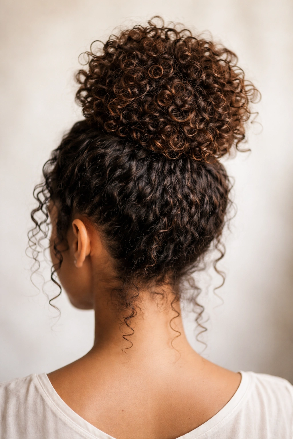 Back view of high crown bun with textured curly spirals