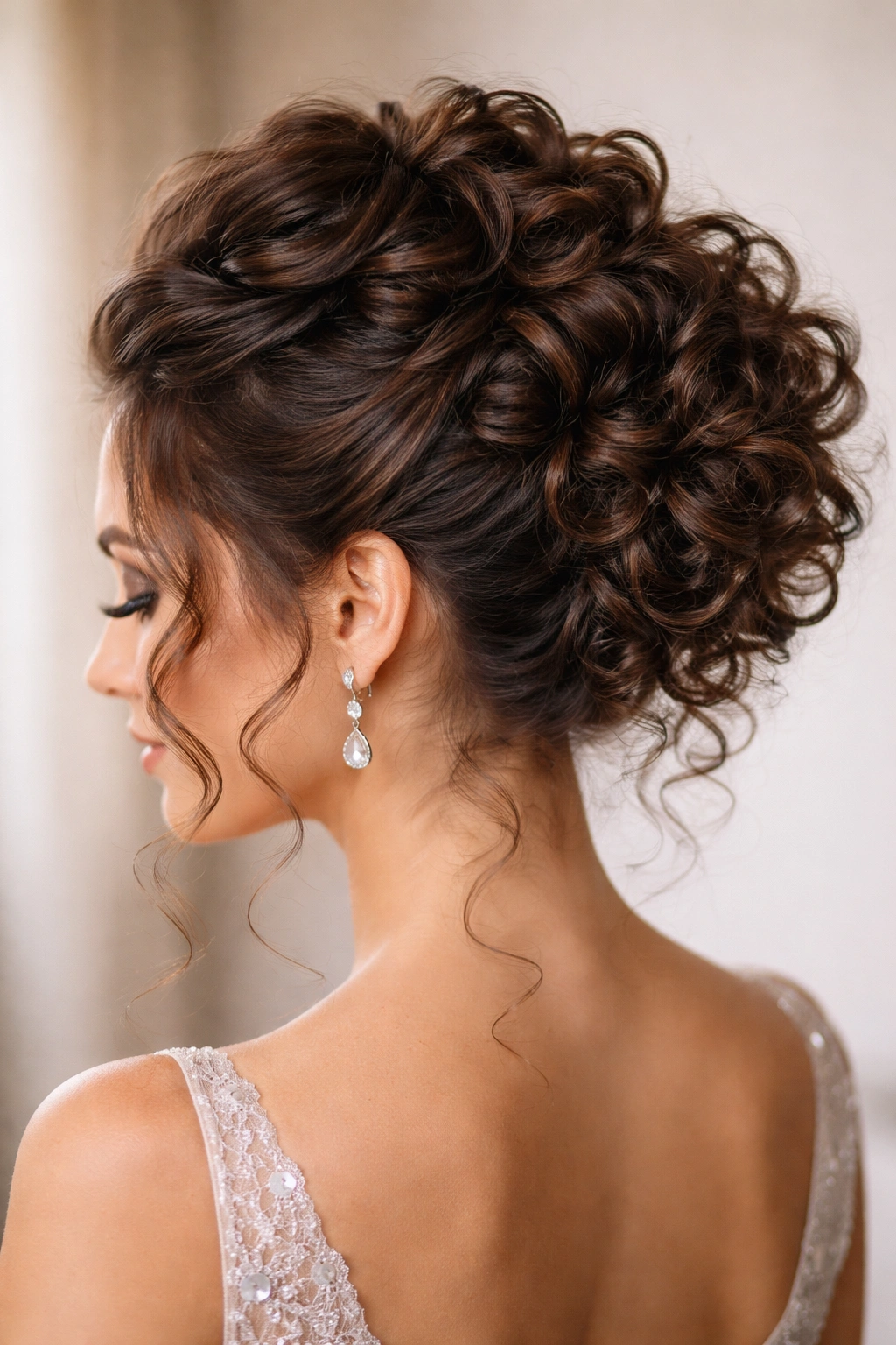Close-up of a structured curly updo with a polished knot and defined curls.