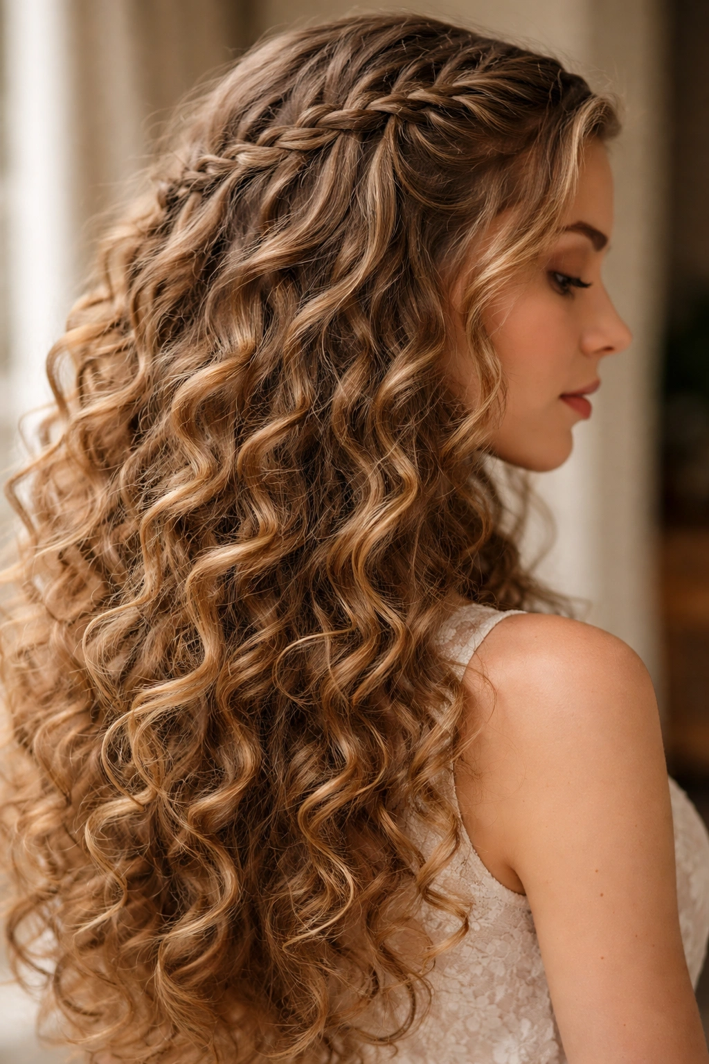Curly waterfall braid with cascading curls along the side