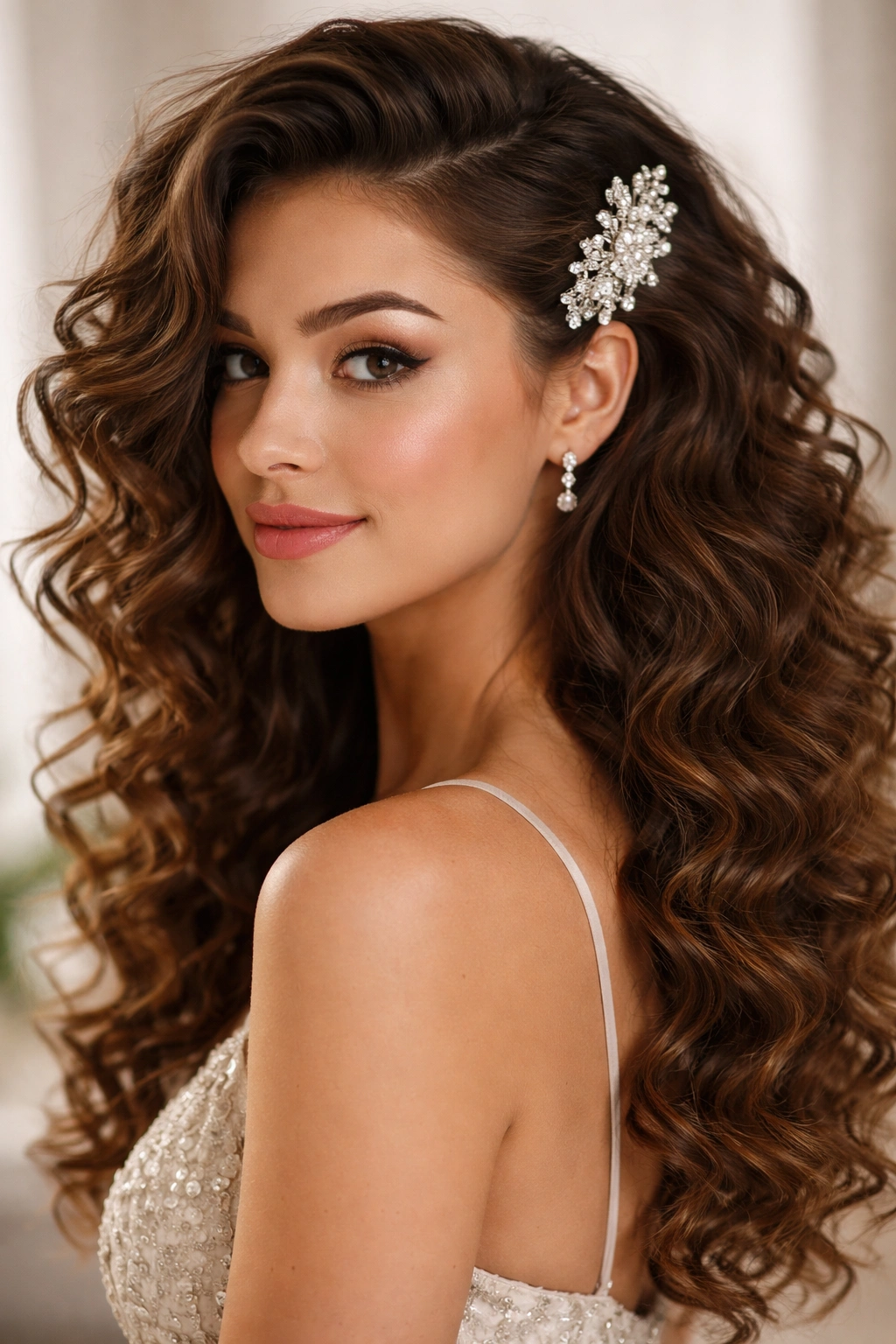 Profile view of side-swept curly waves secured with a visible clip