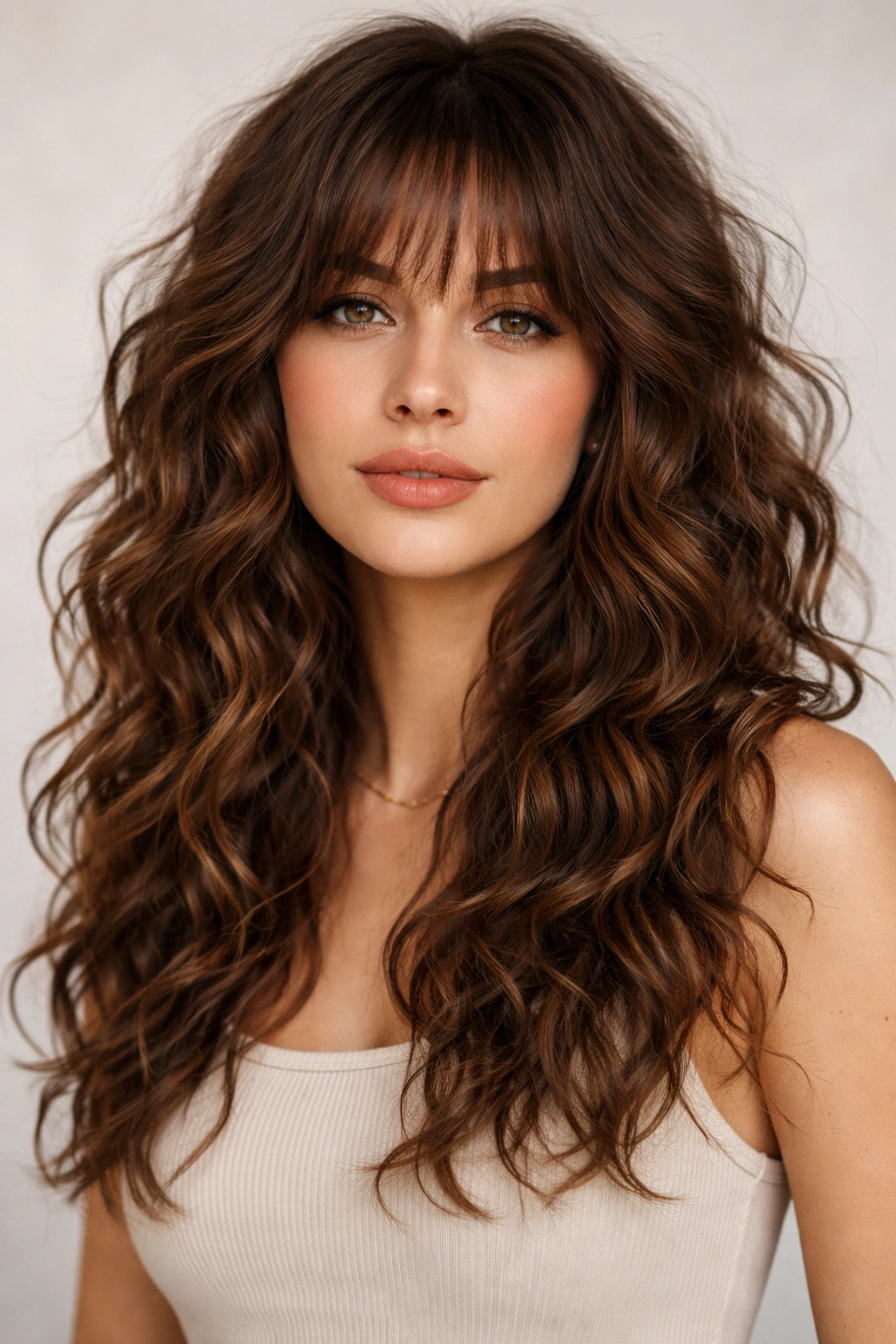 Portrait of a person with curly waves, wispy bangs, and rich texture