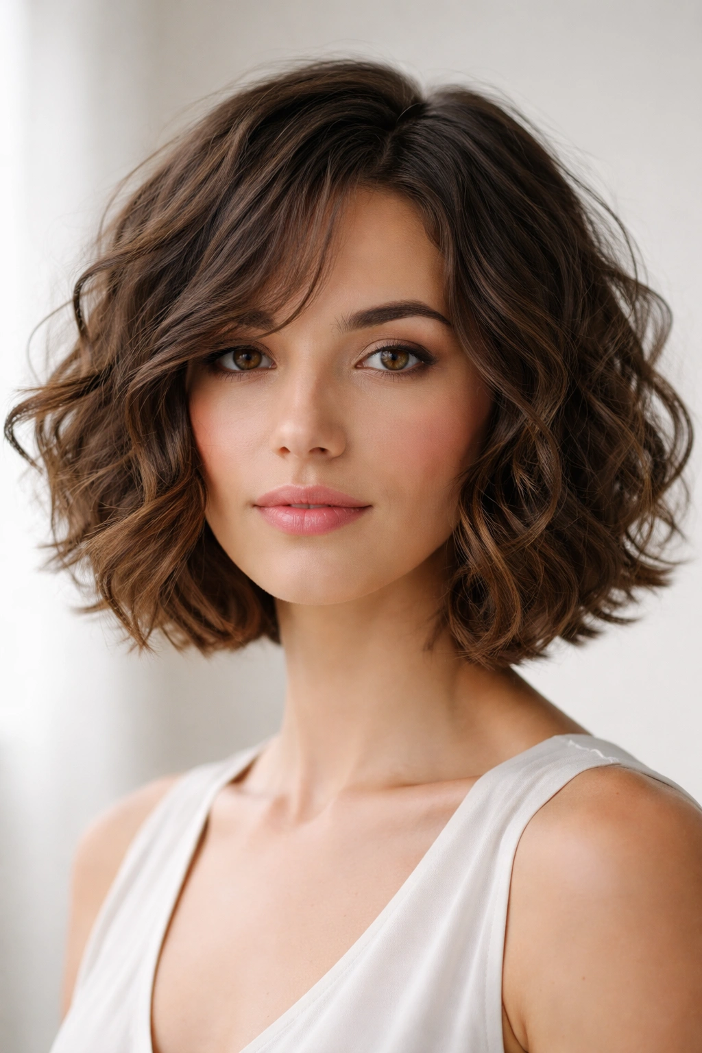 Jawline-length curly wavy bob with texturized ends and pronounced waves