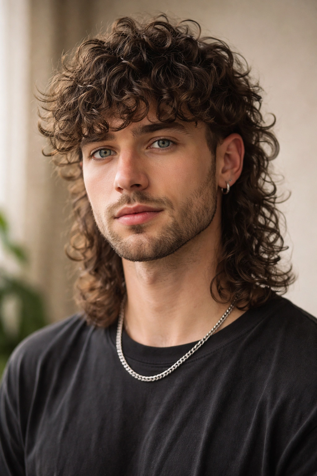 Portrait of curly textured wavy mullet with shoulder-length front and longer back