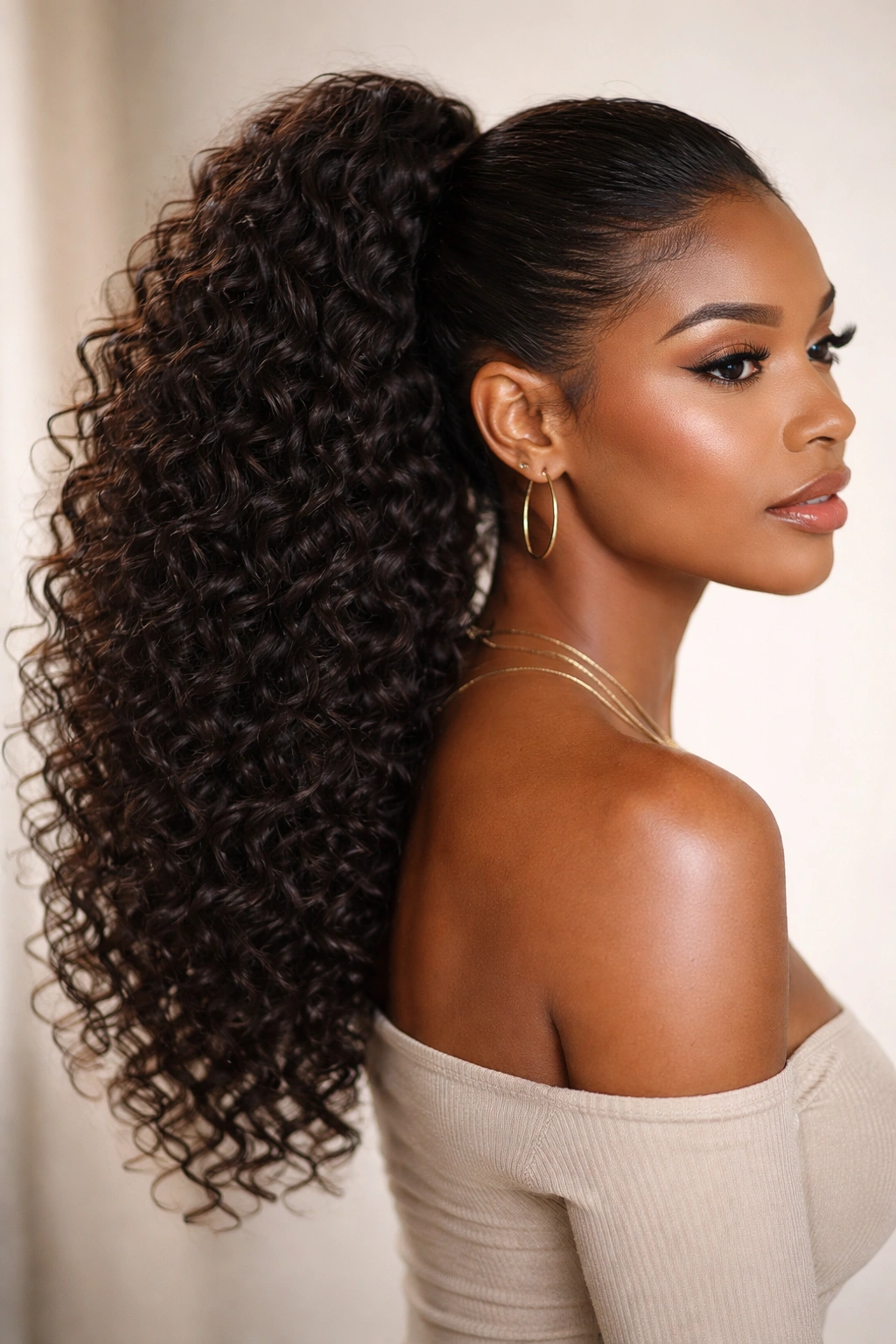 Voluminous curly weave ponytail with lush curls gathered into a ponytail