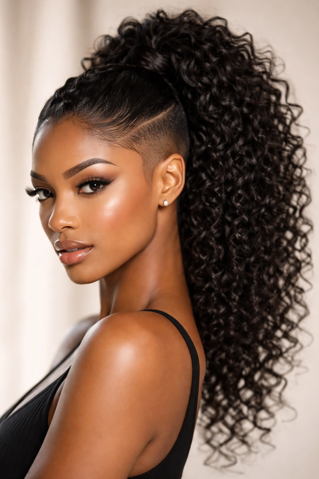 Curly weave ponytail with shaved sides showing bold contrast