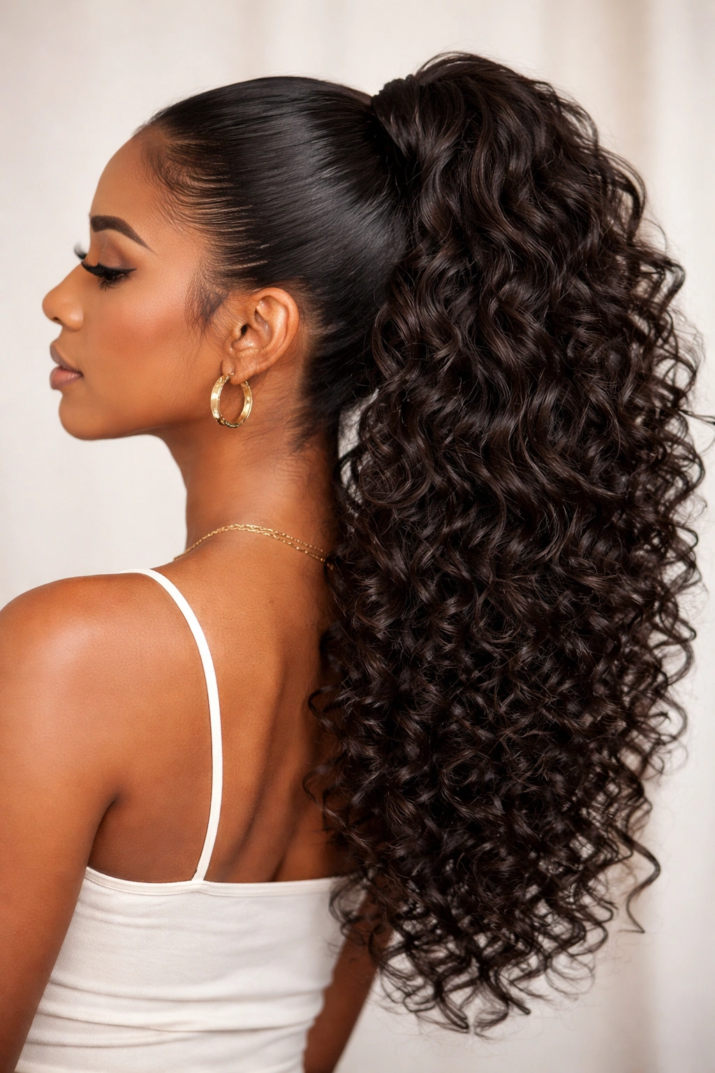 Curly weave ponytail with abundant curls and volume