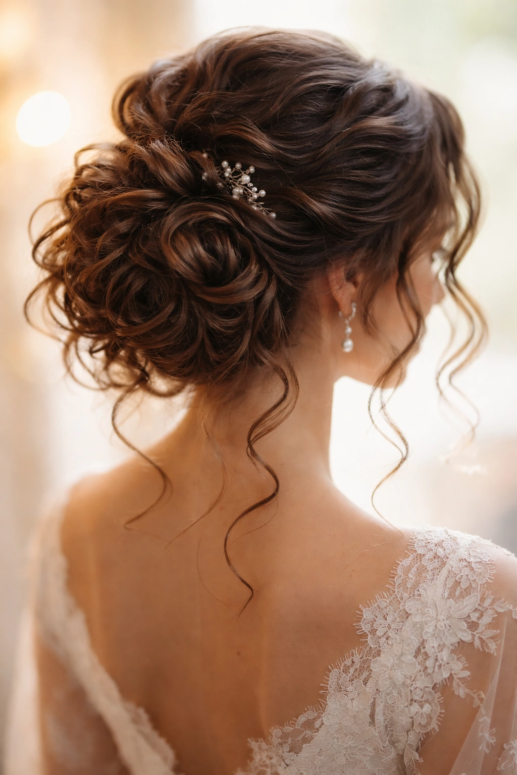 Softly lit curly wedding bun with warm glow