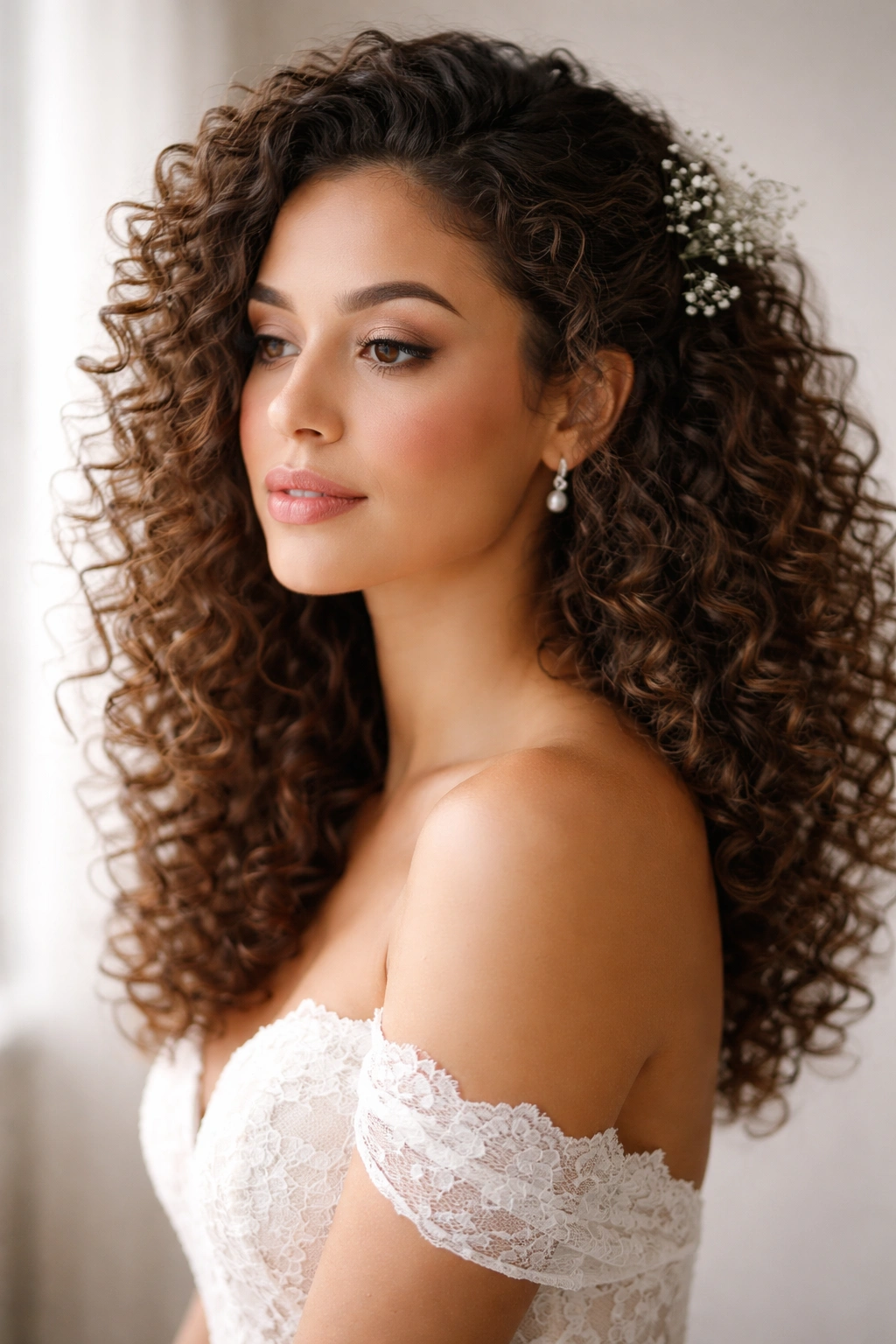 Close-up of a bride with natural curly hair, contemplative expression highlighting curl texture