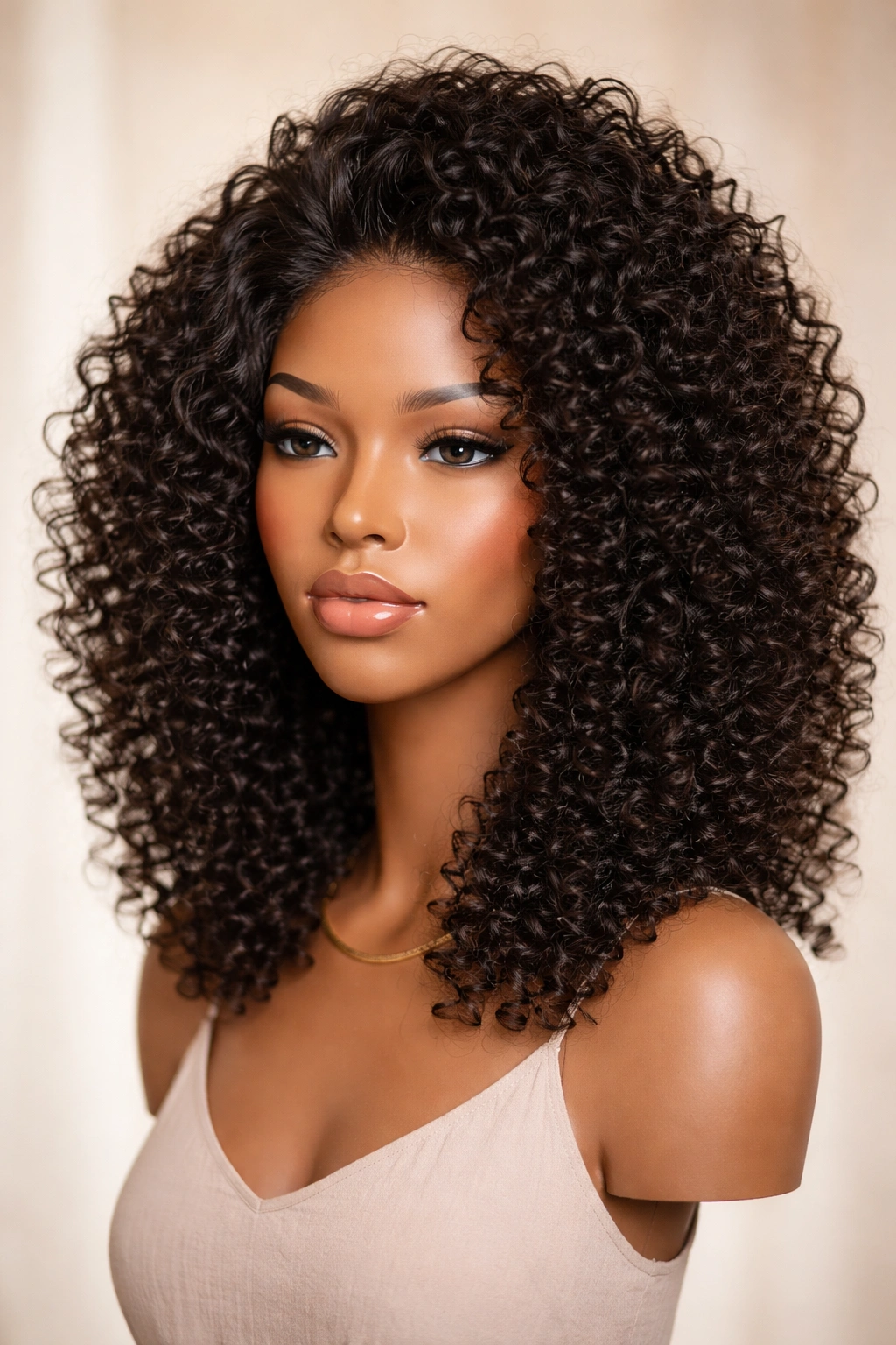 Mannequin head wearing shoulder-length curly wig with crown volume to elongate a round face