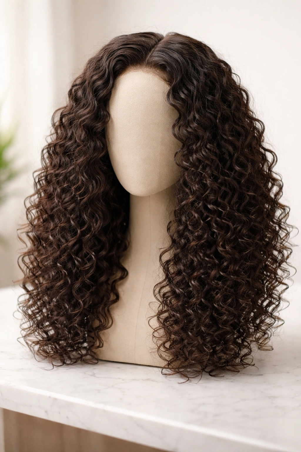 Curly wig on mannequin head emphasizing texture, density, and realism