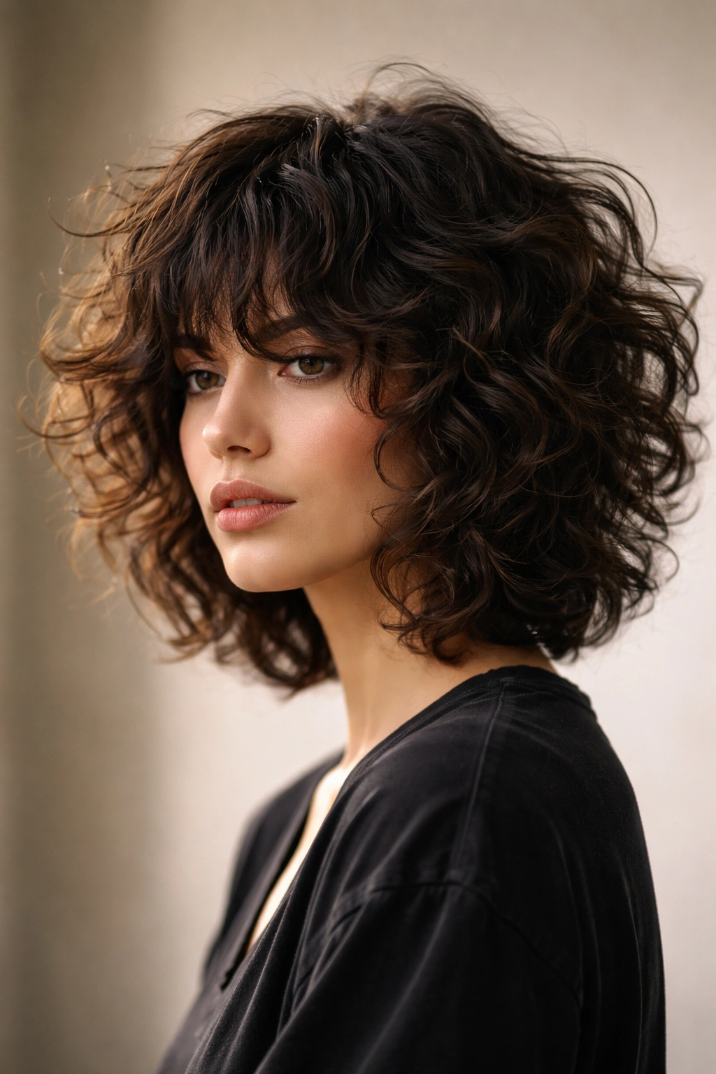 Three-quarter view of curly wolf cut bob with short layers and voluminous interior