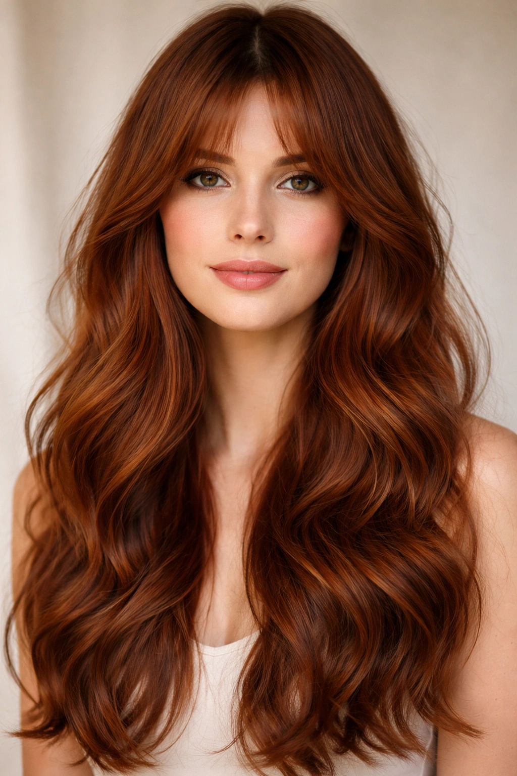 Close-up of curtain bangs framing wavy auburn hair.