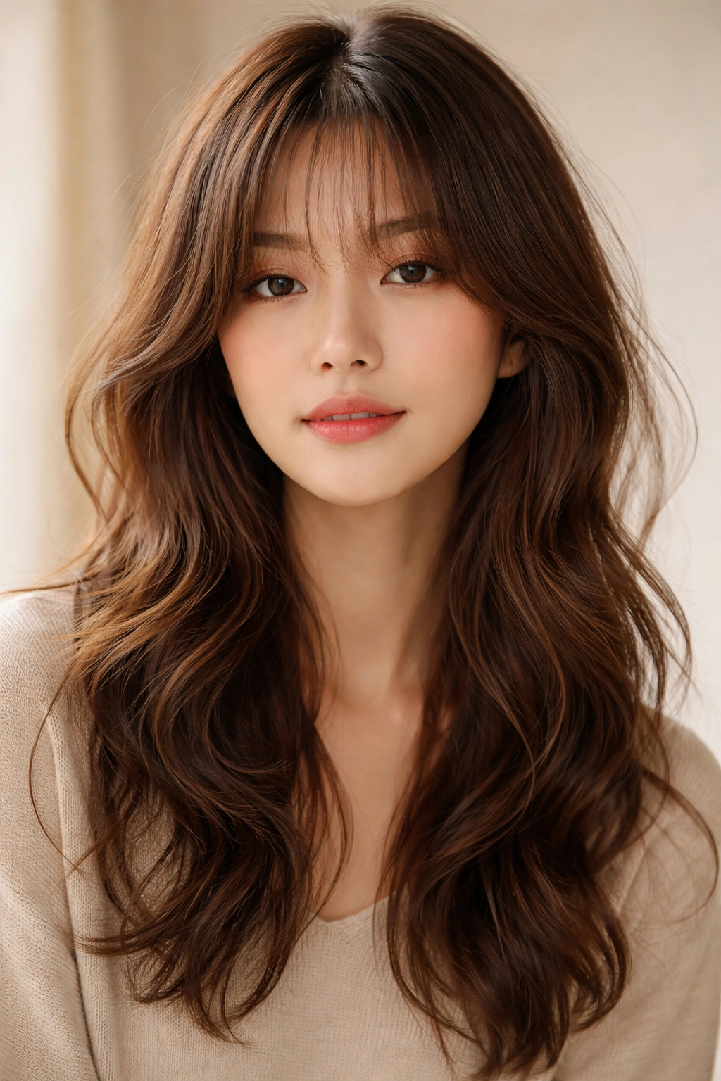 Close-up of a person with curtain bangs and beachy waves framing the face.