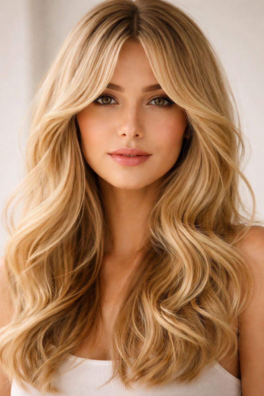 Curtain bangs framing a blonde face with waves, soft lighting