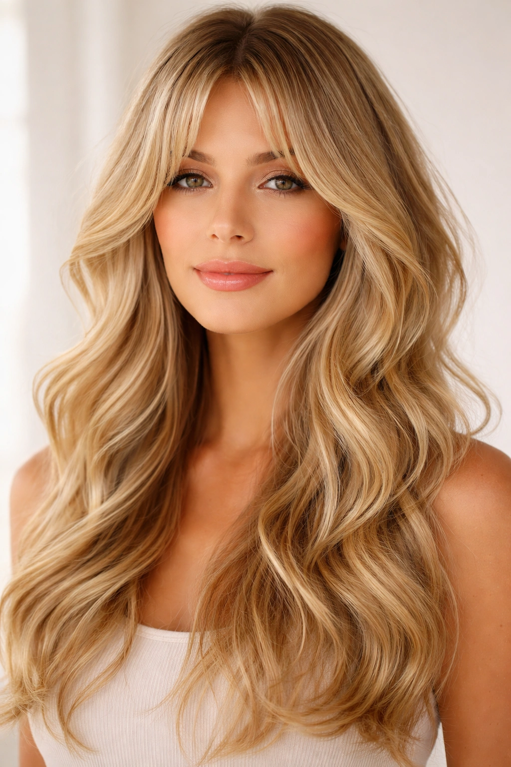 Wavy curtain bangs with long blonde layers framing the face in soft waves