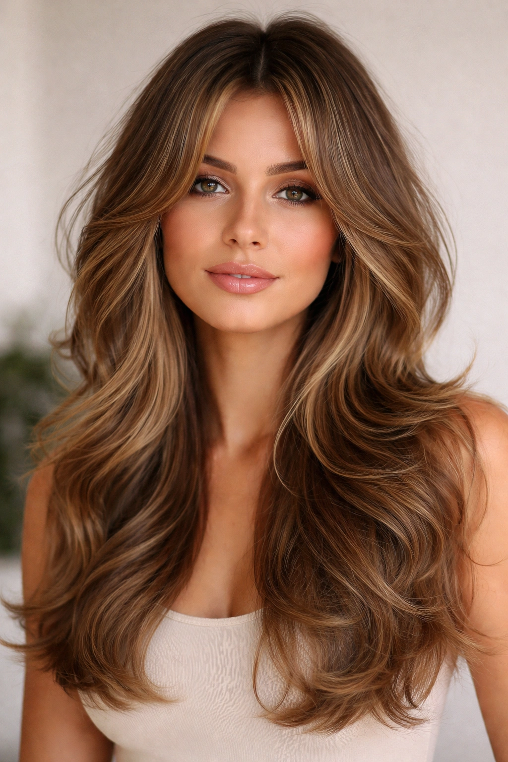 Curtain bangs with soft waves and face-framing layers