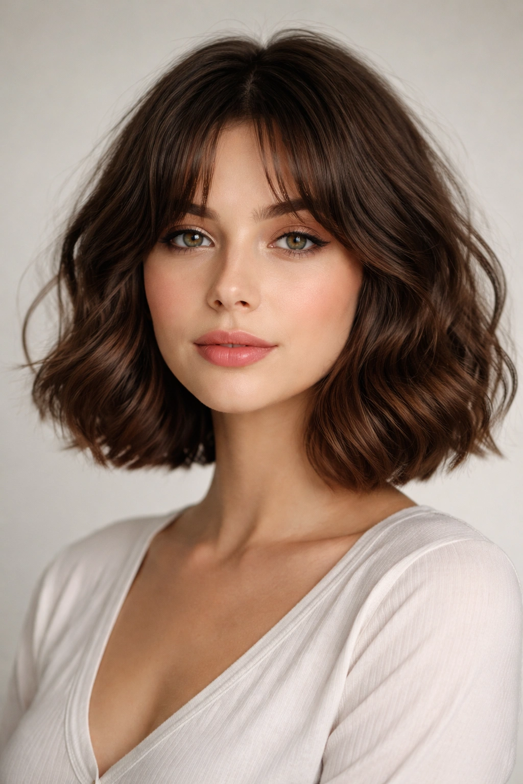 Curtain bangs French bob with middle-part and blended waves.