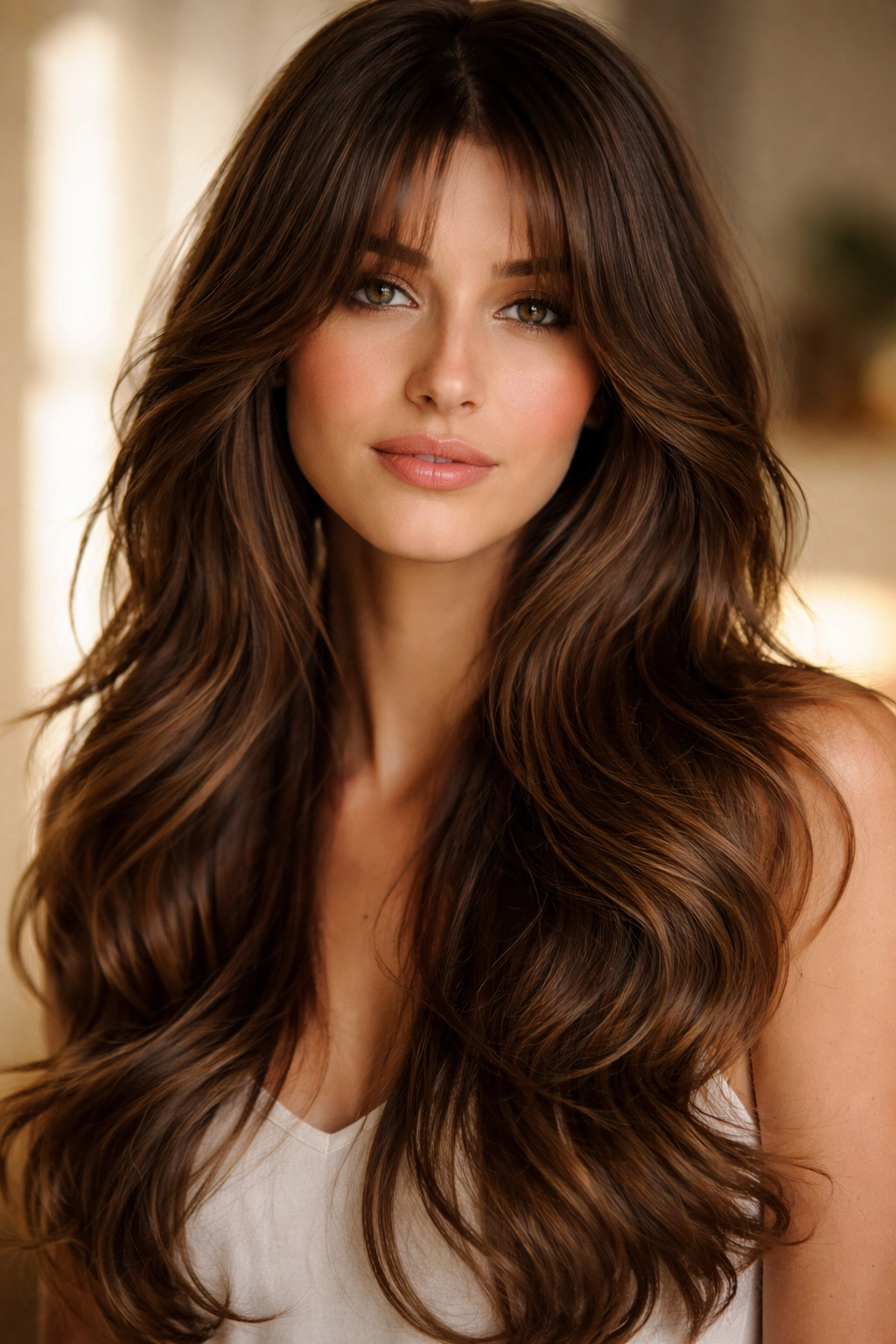 Butterfly cut with curtain bangs framing the face