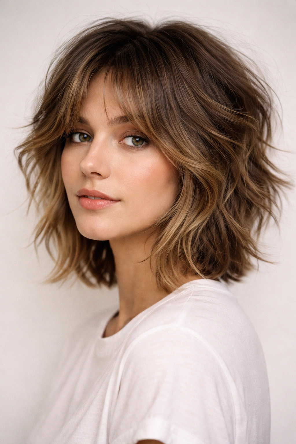 Person with short layered hair and curtain bangs framing the face