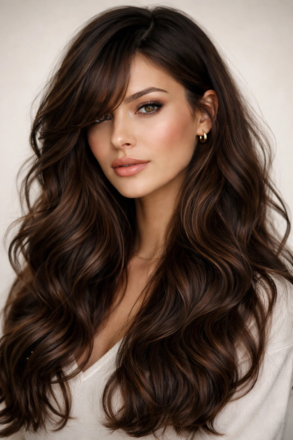 Head-and-shoulders shot of deep side part with curtain bangs on thick wavy hair.