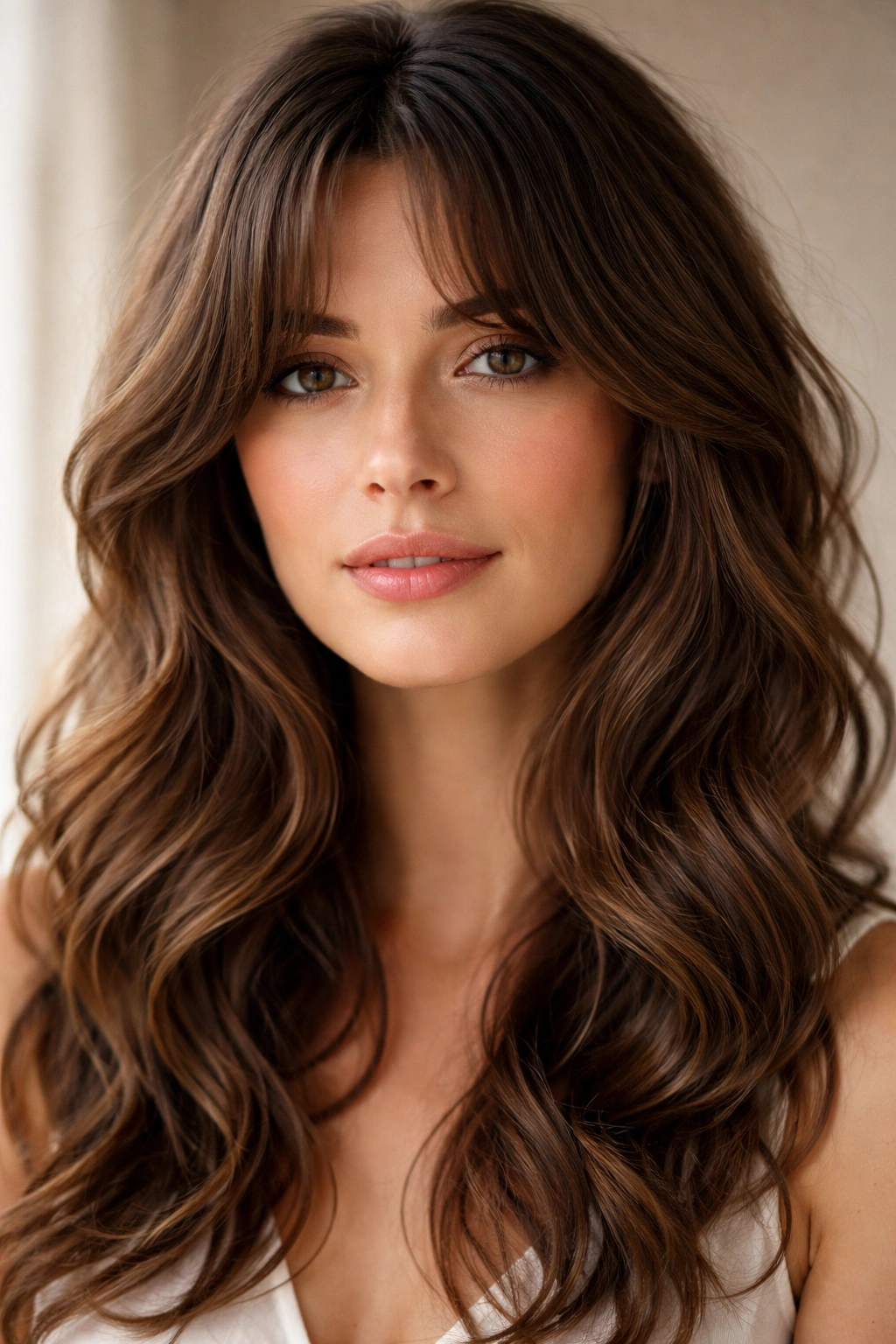 Curtain bangs parted in the middle sweeping outward with waves