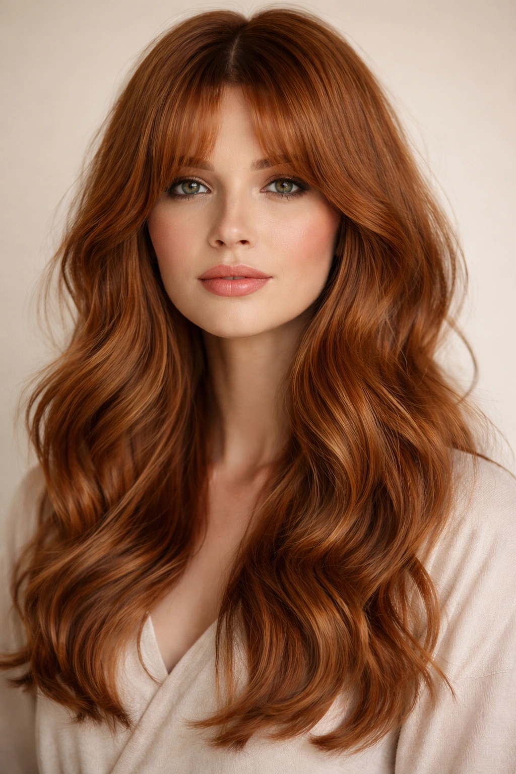 Portrait of curtain bangs with dimensional ginger waves framing the face