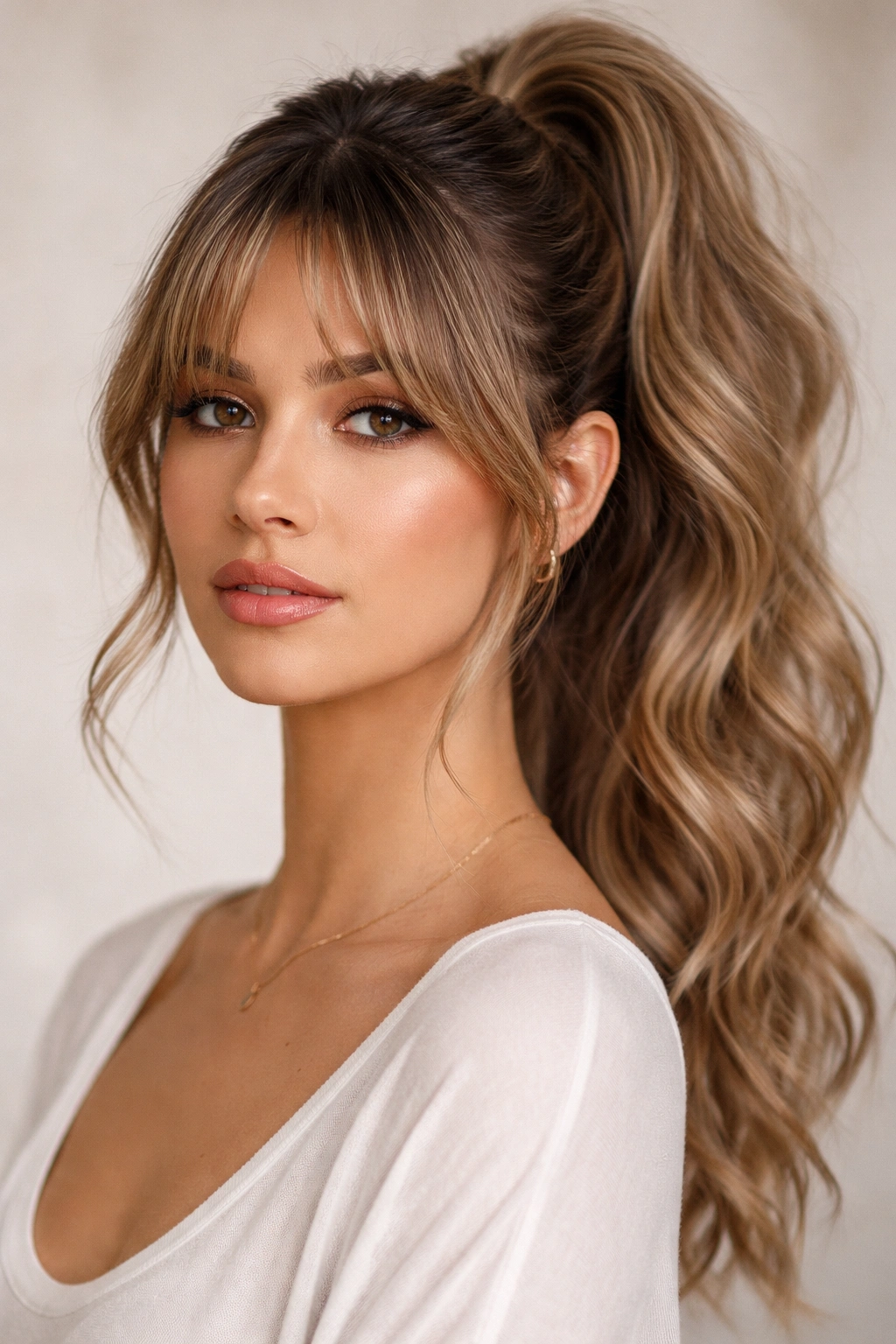 Portrait of curtain bangs with textured high pony.