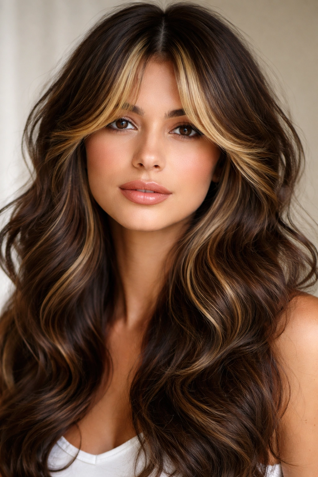 Close-up of thick wavy hair with chunky highlights framing the face.