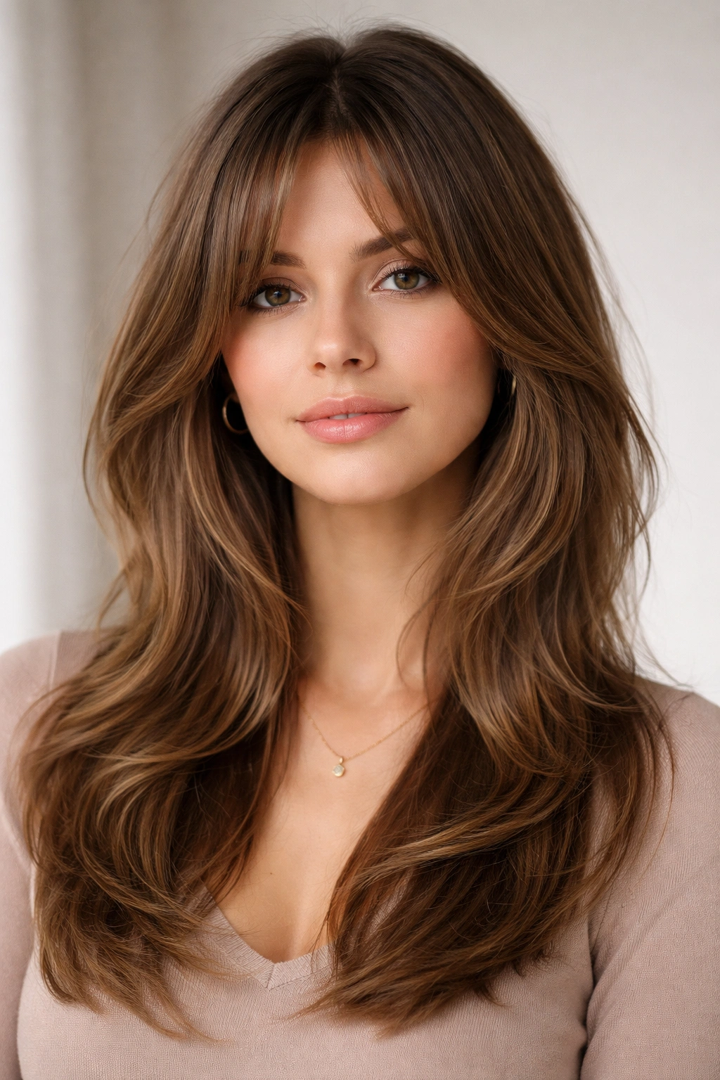 Close-up portrait showing curtain bangs with layered sides framing the face