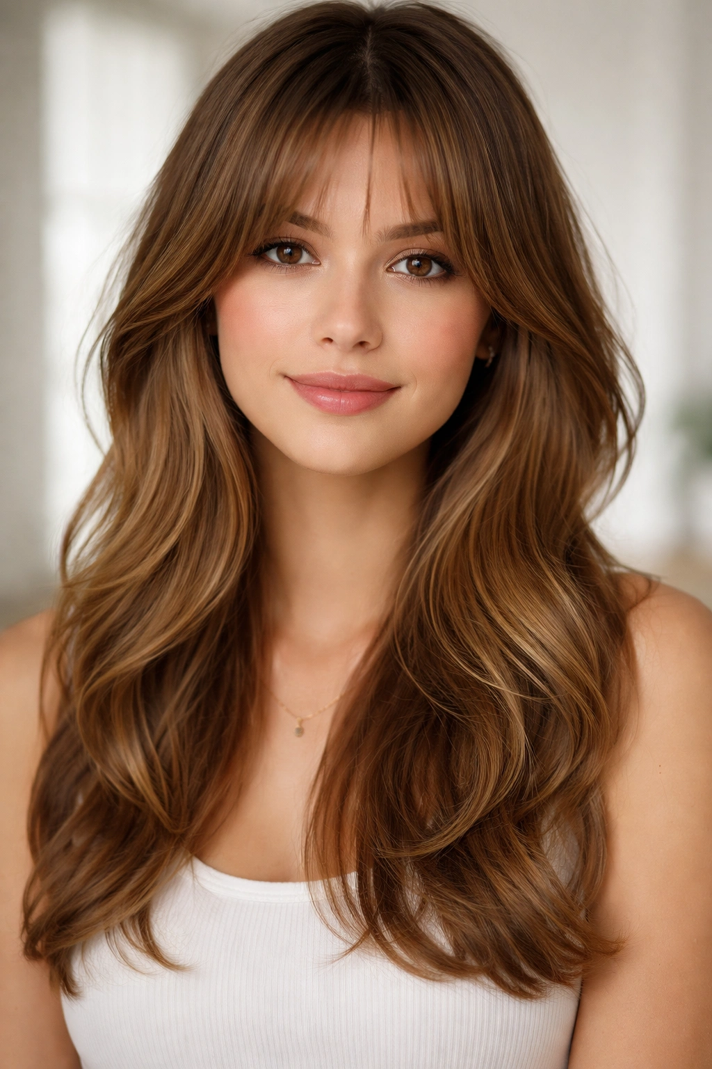 Curtain bangs with layered sides framing a heart-shaped face