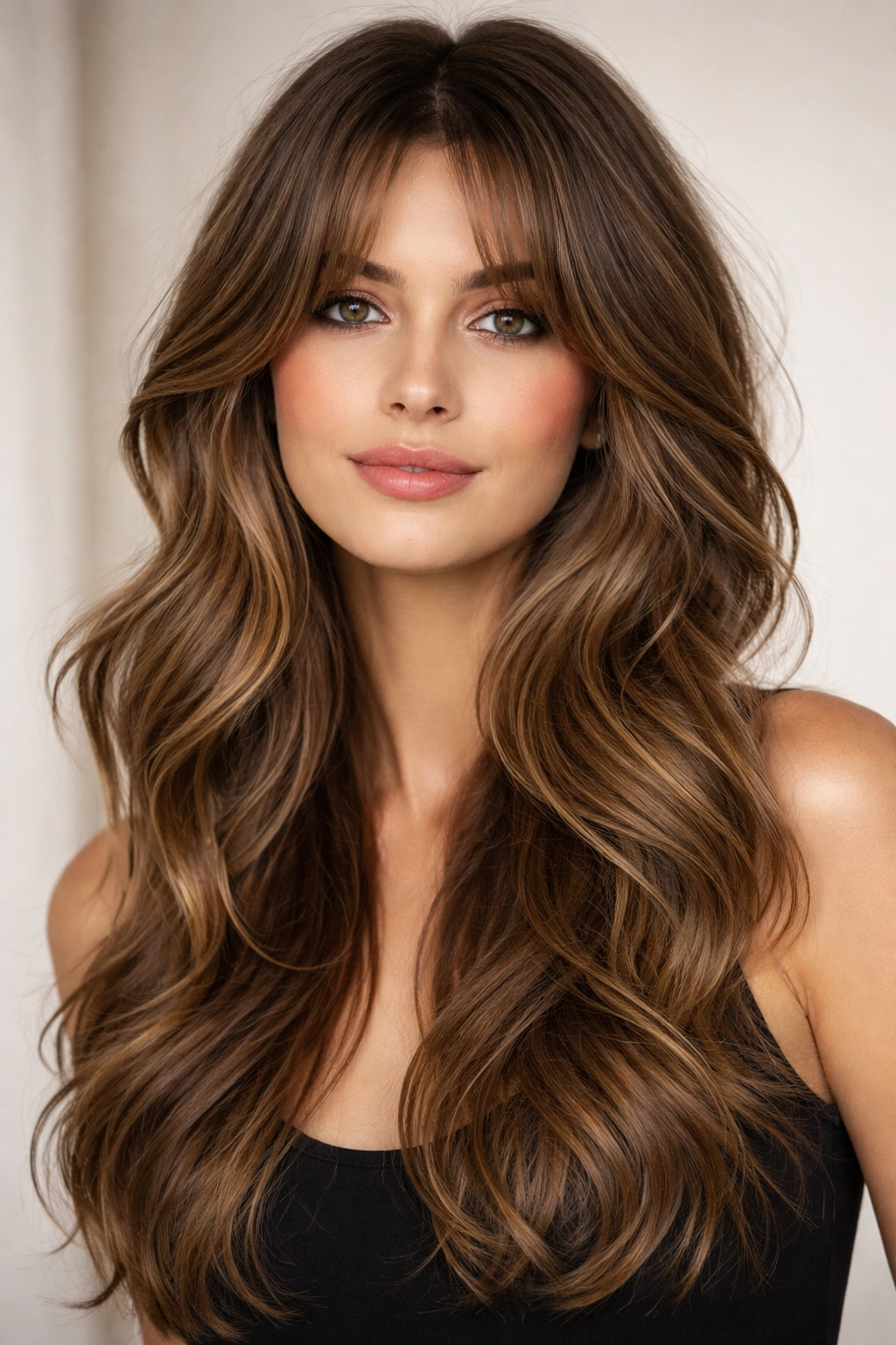 Curtain bangs with layered waves on a model, soft frame enhances texture