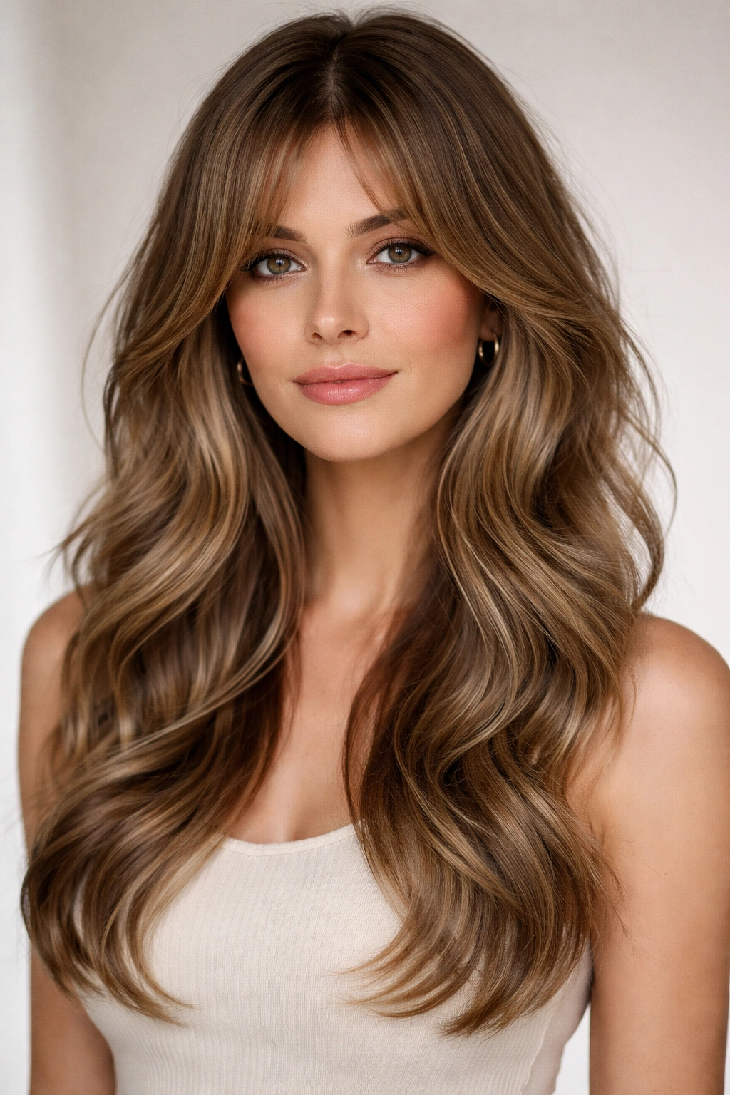 Center-part curtain bangs with flowing layered waves framing the face