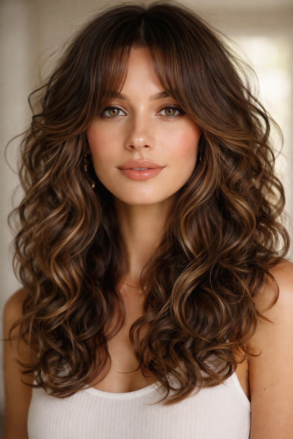 Portrait of 2c curls with curtain bangs and layered hair